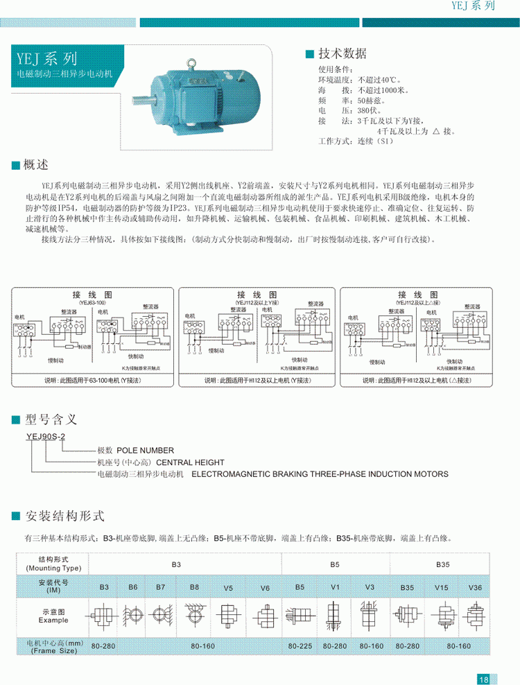 YEJ系列電磁制動三相異步電動機技術數據